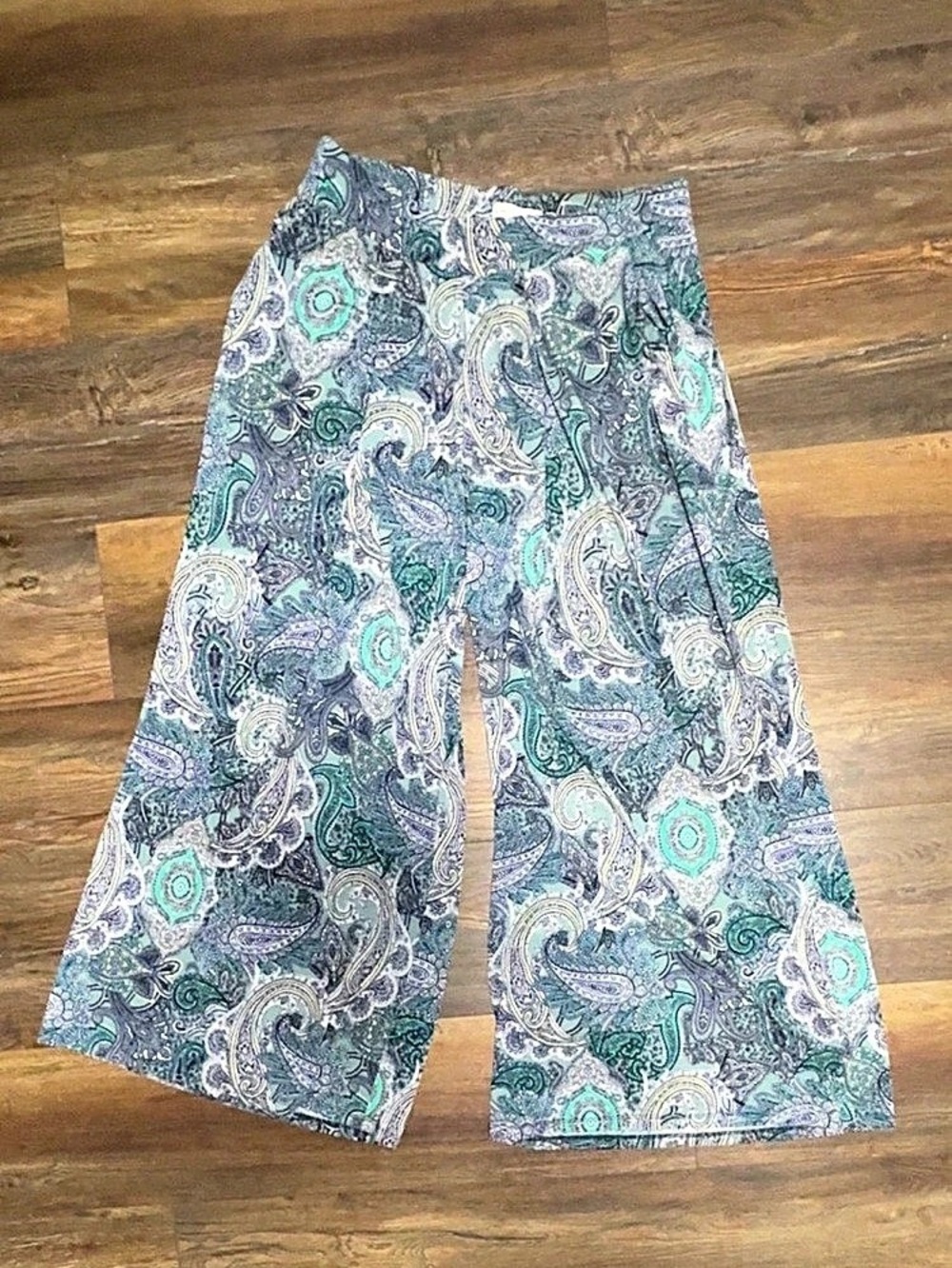 Paisley Wide Leg Pants in Green & Blue Like New